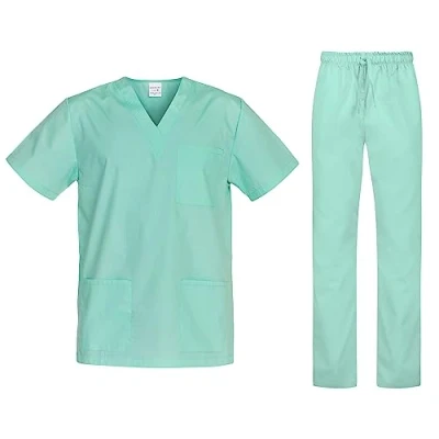 Image of B well Cesare Unisex Scrub Set Slip On Tunic + Pull Trousers Medicine Doctor Uniform Jacket Top with Medical Work Wear Green X Large