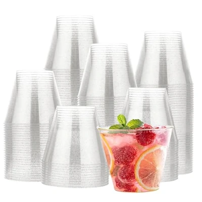 Image of MATANA 120 Clear Hard Plastic Cups, Tumblers with Silver Glitter (255ml / 9oz) Sturdy &amp; Reusable Birthdays, Weddings, Anniversary, Christmas, BBQ, Picnic, Parties