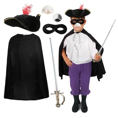 Image of Highway Man Childrens Costume With Black Cape And Sword + White Grey Facepaint Kids Fancy Dress Wbd World Book Day Kit 4Pc Set
