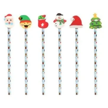 Image of Sparkles Partyware Christmas Themed Pencils with Rubber Xmas Novelty Festive Designs Gift Party Bag Erasers Santa Elf Snowman Tree Stocking Filler