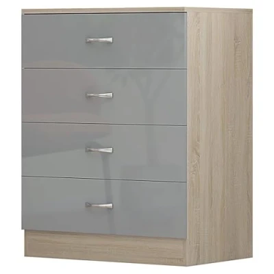 Image of High Gloss 4 Drawer Chest Height 68.5 cm x Width 60 Depth 40 (Grey On Sonoma Oak Frame)