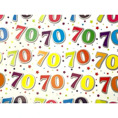 Image of 70th Birthday Wrapping Paper Gift Wrap, 2 Sheets, 1 Matching Tag 70 white