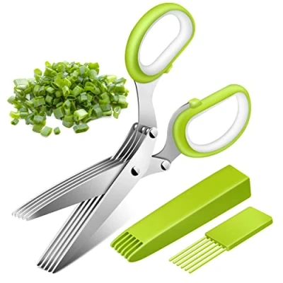 Image of Stainless Steel Herb Scissors, Senbos Salad Kitchen Scissors with 5 Blades, Multifunctional Safety Cover and Cleaning Comb, Perfect for Chopping Basil, Chives, Oregano, Rosemary