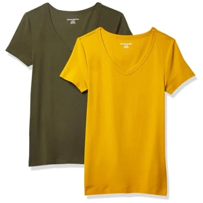 Image of Amazon Essentials Women&#039;s Slim Fit Short Sleeve V Neck T Shirt, Pack of 2, Gold/Olive, S