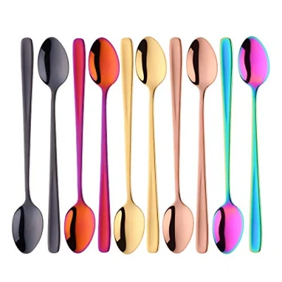 Image of BISDARUN Latte Spoons 18/10 Stainless Steel Long Handle Dessert Spoon Sundae Set of 10(5 Color) Cappuccino Coffee Teaspoon 20 CM/7.9 Inch