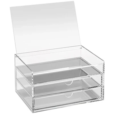 Image of OSCO Clear Acrylic 3 Drawer Chest with Flip Up Lid Pin Storage Jewellery Paperclips Crayons Short pens Small Stationery H10 x W19 D14 cm