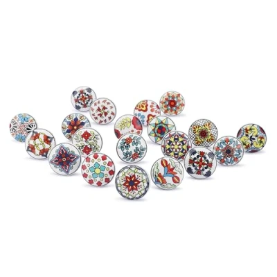 Image of Ajuny Set of 20 Ceramic Knobs Multicolor Printed Cupboard Door Drawer and Furniture Pulls for Kitchen Cabinets Bathroom Dresser Drawers Handmade Pottery Decorative