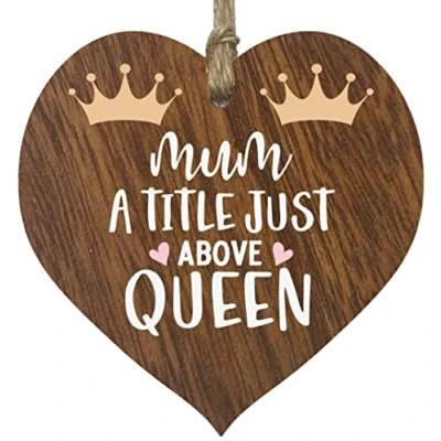 Image of Birthday Heart Gifts from Daughter Son Mum A Title Just Above Queen Best Presents for Mum, Mothers Day Hanging Wooden Sign Plaque Gift Dark Wood Hearts