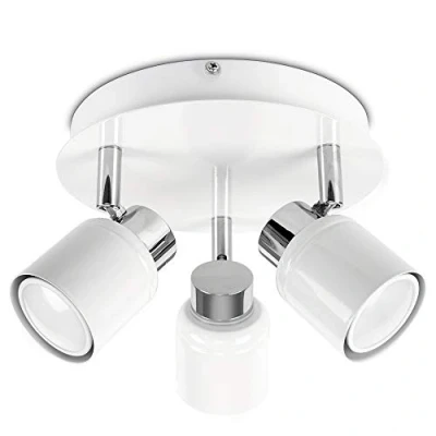 Image of MiniSun Modern Chrome &amp; White Adjustable 3 Way Round Plate Ceiling Spotlight IP44 Rated Complete with x 5W GU10 Warm LED Bulbs