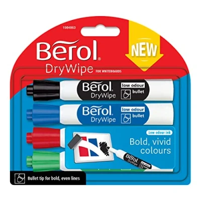 Image of Berol Dry Wipe Whiteboard Marker Pens Bullet Tip Black, Blue, Red &amp; Green 4 Count