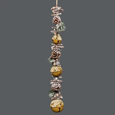 Image of SHATCHI 90cm Garland with Golden Jingle Bells Wooden Sticks, Berries and Pinecones Christmas Home Wall Door Hanger Sleigh Xmas Holiday Hanging Decorations