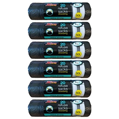 Image of TidyZ 20 x Black 50L Drawstring Refuse Sacks Waste Swing Bin Liners Extra Strong Rubbish Bags (120 Bags)