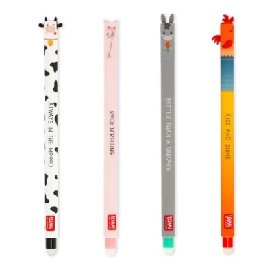 Image of Legami Set of 4 Farm Sweet Erasable Gel Pens, Pens with Thermosensitive Ink, Black, Pink, Green, Red, Erases Without Consuming the Sheet, 0.7 mm Tip
