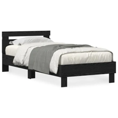 Image of vidaXL bed frame solid black oak wood with headboard 100 x 200 cm sleek minimalist design fits in bedroom/guestroom