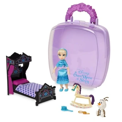 Image of Disney Store Official Disney&#039;s Once Upon a Story Elsa Mini Doll Playset, Frozen, 7 Pc., Toy Figure Set with Accessories, Including Olaf, Rocking Horse, Bed Print Blanket Suitable for Ages 3+