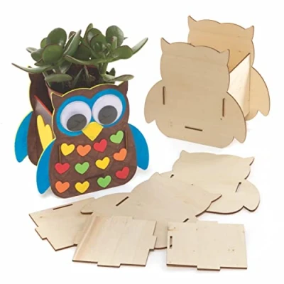 Image of Baker Ross FE645 Owl Wooden Flowerpot Craft Kits Pack of 3, Make Your Own Flower Pot, Creative Autumn Activities for Kids, Planting Pots Children to Decorate