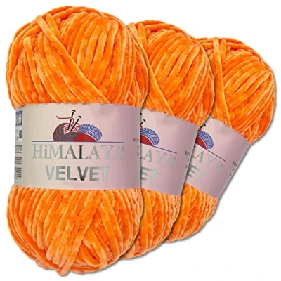 Image of Wohnkult Himalaya 3 x 100 g Velvet Dolphin Wool, 40 Colours to Choose From, Chenille Knitting Yarn, Fleece Shiny Accessory, Clothing, Blankets (90016 Pumpkin)