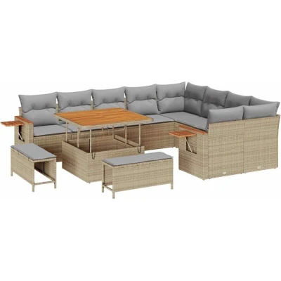 Image of vidaXL 12 Piece Garden Sofa Set with Cushions Beige Poly Rattan Acacia