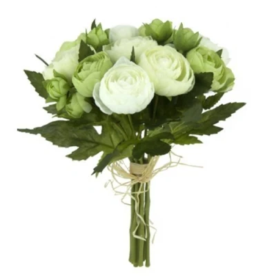 Image of FloristryWarehouse Artificial silk flowers Ranunculus posy bunch Green white 10 stems 23cm (9inch)