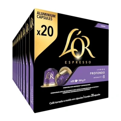 Image of L&#039;OR Espresso Lungo Profondo Coffee Pods x20 Intensity 8 (Pack of 10, Total 200 Capsules)