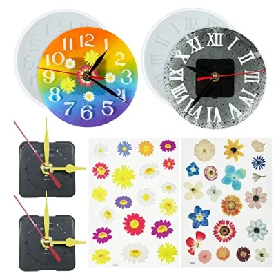 Image of NA Woohome 2 PCS Large Clock Silicone Resin Mould and Hands for Casting, Numerals Arabic with Dried Flowers DIY Clock, Epoxy