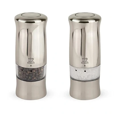 Image of Peugeot Zeli Electric Salt &amp; Pepper Mill Set Adjustable Grinders Battery Powered LED Light, Plastic with Brushed Metal Finish, 14 cm