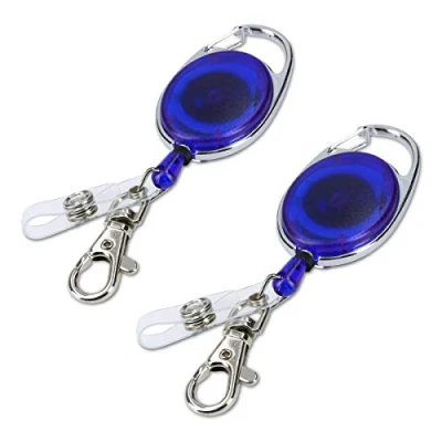 Image of kwmobile 2X Retractable ID Badge Holder Yo Card Belt Clips with Metal Carabiner Extendable Yoyo Lanyard Keyring Pass Holders Blue