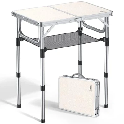 Image of Anbte Folding Camping Table, Aluminum 59cm x 40cm Portable Table Picnic with Storage Net Adjustable Waterproof Lightweight Foldable Stored for Outdoor Indoor Beach Backyard(3 heights)