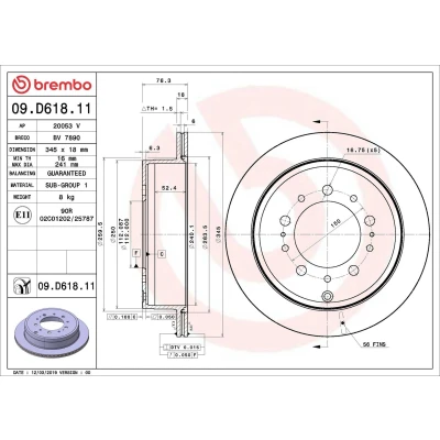 Image of 424310C010, 424310C011 Brake disc BREMBO 09.D618.11 345mm 18mm 5 internally vented Coated TOYOTA: Land Cruiser 200, LEXUS: LX III