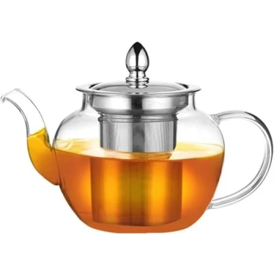 Image of PluieSoleil Round Glass Tea Pot Borosilicate Teapot with Filter,Small Teapots for 2,Glass Gas Stove Lose Tea/Coffee (1000ML)