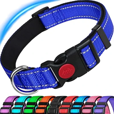 Image of ATETEO Reflective Dog Collar with Safety Locking Buckle and Soft Neoprene Padded, Adjustable Durable Nylon Puppy for Medium large Dogs,Blue,M: 13 19.7 inch