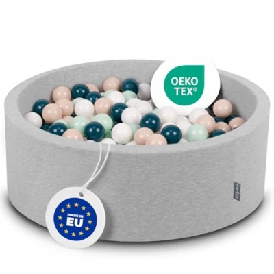 Image of KiddyMoon 90X30cm/200 Balls ∅ 7Cm / 2.75In Baby Foam Ball Pit Made In EU, Light Grey:Dark Turquoise/Pastel Beige/White/Mint