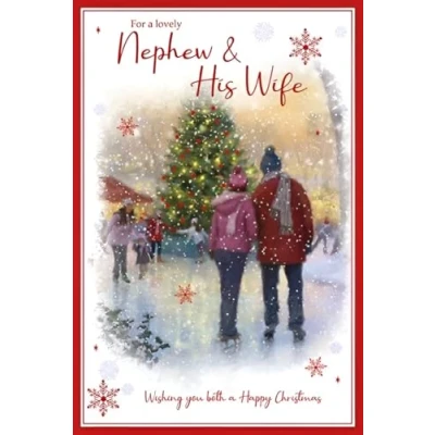 Image of Nephew and His Wife Christmas Card Special Finish Ice Skating Couple Artistic Festive Design Illustrated Insert Leaf Made in the UK Eco Friendly