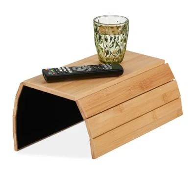 Image of Relaxdays Tray, Sofa Armrest, Bamboo, for Couch and Bed, WXD: 43.5 x 33 cm, Serve Drinks &amp; Snacks, Natural, 1 cm