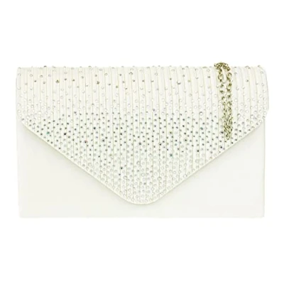 Image of Girly Handbags Womens Pleated Satin Clutch Bag Diamante Shoulder Chain Elegant Prom Wedding Evening White