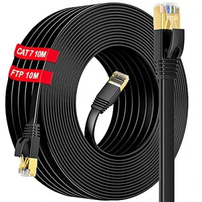 Image of CAT 7 10m Ethernet Cable, Long Internet Cable High Speed, Flat 10 metre, Gigabit Lan Shielded S/FTP rj45 For Router/Switch Faster Than Cat5/Cat5E/False Cat7 (10 Clips)