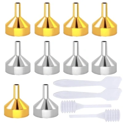 Image of CKANDAY 10 Pack Small Metal Funnels with 2 Pcs Mini Pipette and spoon for Filling Bottles or Containers, Atomizers Liquid Essential Oils Spice Powder Lab Lotion Gold/Silver