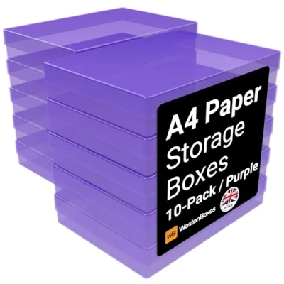 Image of WestonBoxes A4 Colourful Transparent Plastic Craft Storage Boxes with Lids for Art Supplies, Paper and Card (Purple/Pack of 10)