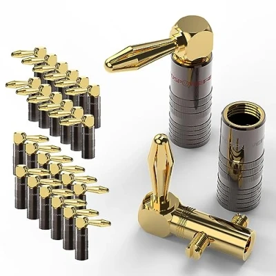 Image of FosPower Right Angle Banana Plugs (12 Pairs / 24 pcs), Closed Screw 24K Gold Plated Speaker Plug Connectors for Wire, Wall Plate, Home Theater, Audio/Video Receiver, and Sound Systems