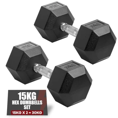 Image of Gallant 15kg Dumbbells Pair Rubber Encased Cast Iron Hex Weights Set for Men &amp; Women, Weight Lifting Strength Training Equipment Home Fitness Gym (2 x 15kg)