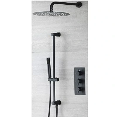 Image of Milano Nero Thermostatic Mixer Valve Hand Shower Riser Rail Wall Mounted Round Head Black