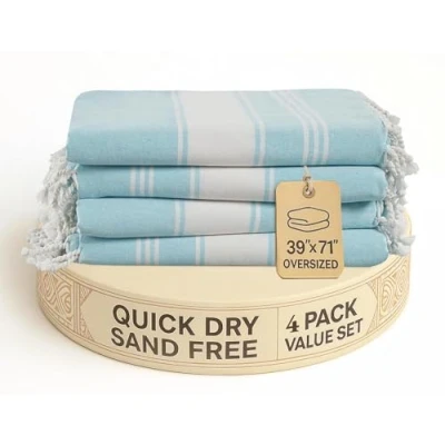 Image of LANE LINEN Oversized Beach Towel 100% Cotton Towels 4 Pack, Pre Washed Pool Towel, Extra Large Quick dry &amp; Sand Free, Lightweight Travel 39&quot;x71&quot; Aqua