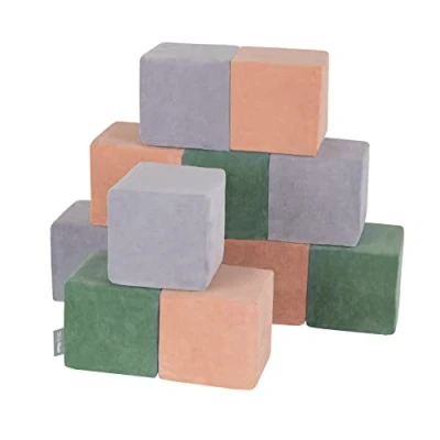 Image of KiddyMoon Soft Foam Velvet Cubes Building Blocks 14Cm For Children Montessori Toy Babies, Certified Made In EU, 12 Pieces, Cubes:Forest Green Desert Pink Grey Mountains