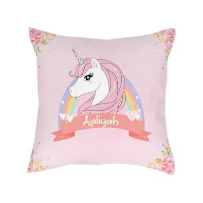 Image of Personalised Floral Unicorn Magically Stars ANY NAME Funny Kids Birthday Gift Home Decor Satin Cushion, Throw Pillow/Cushion. (Satin Cushion Cover With Insert)