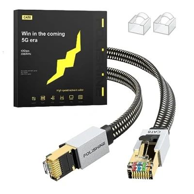 Image of Cat8 Ethernet Cable 1M, High Speed Gigabit Nylon Braided Lan Network Patch Cord, 40Gbps 2000Mhz RJ45 Flat Shielded, Indoor&amp;Outdoor for Modem/Router/switch, Faster than Cat5e/Cat6/Cat7
