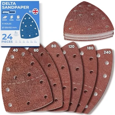Image of EffektWerk Delta Sandpaper 105x152mm 24 PK, 11 Holes Triangular Sanding Pads for Mouse Sanders Self Adhesive w/Hook &amp; Loop Closure Fine Coarse w/ 40, 60, 80, 120, 180, 240 Grit