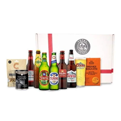 Image of World Beer Gift Hamper Selection Box, Peroni, Mythos, Budweiser, Cobra, Estrella, Coors Light,1 Pint Glass, Crisps, Nuts, Cheddar Cheese Biscuit Snacks