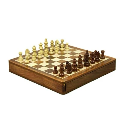 Image of Supreme Quality Handmade Wooden Chess Set Sheesham Square Board With Staunton Pieces Storage Draw 14 Inch