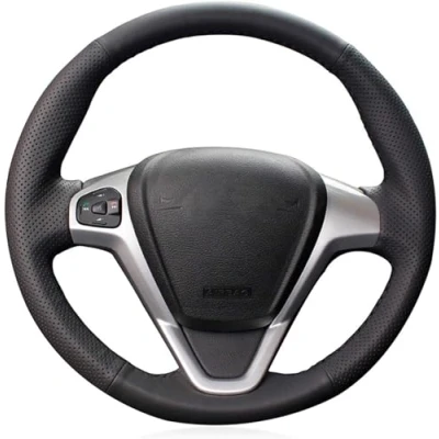 Image of Shining wheat Black Leather Car Steering Wheel Cover for Ford Fiesta 2008 2013 Ecosport 2016