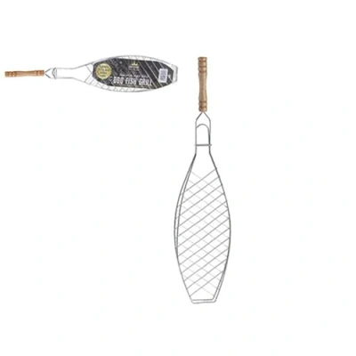 Image of Premium Chrome Plated BBQ Fish Grill Basket with Wooden Handle 55cm x 13cm (1 Pc.) Effortless Grilling Experience Perfect for &amp; Seafood Lovers